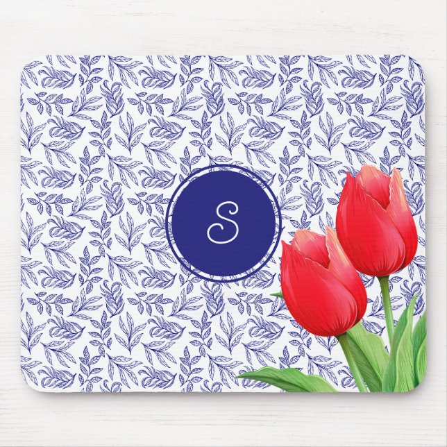 Elegantes Red Tulips Spring Floral Blue Monogram Mousepad (Vorne)