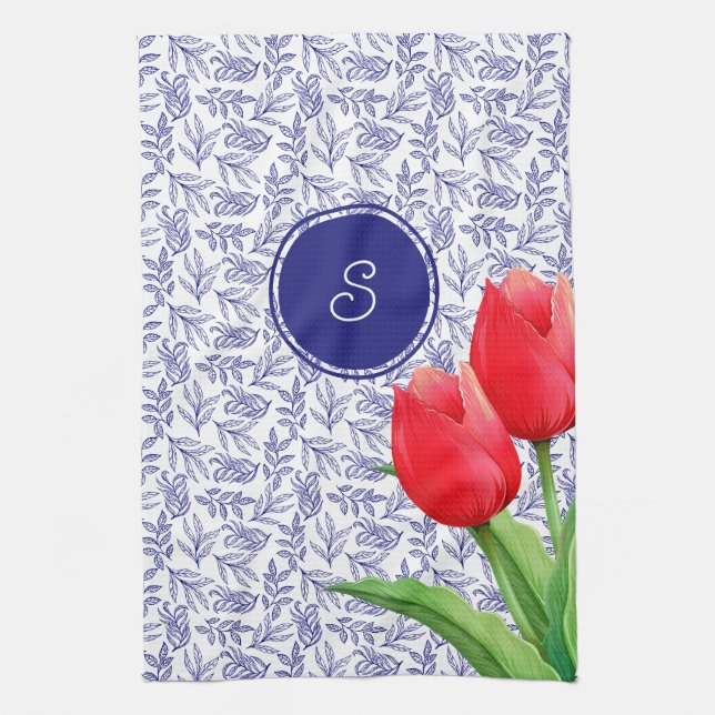 Elegantes Red Tulips Spring Floral Blue Monogram N Geschirrtuch (Vertikal)
