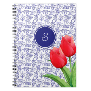 Elegantes Red Tulips Spring Floral Blue Monogram Notizblock