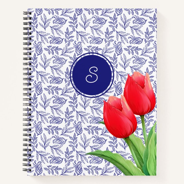 Elegantes Red Tulips Spring Floral Blue Monogram Notizbuch (Vorderseite)