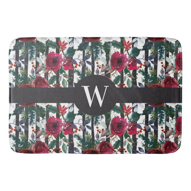 Elegantes Red Winter Rose Black Stripe Muster Badematte (Vorderseite)