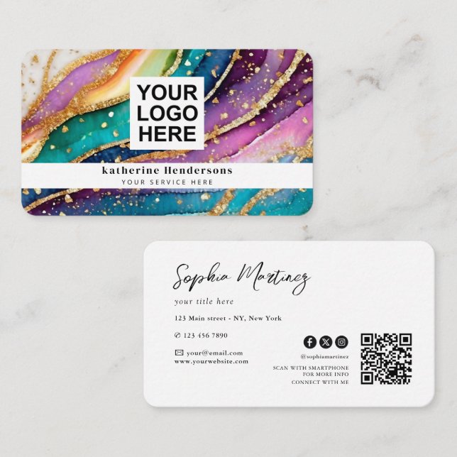 Elegantes Regenbogen-Achat-Gold-Glitter & QR-Code- Visitenkarte (Vorne/Hinten)