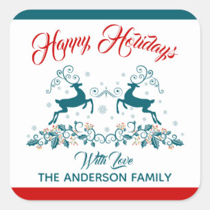 Elegantes Reindeer & Holly Weihnachtslabel Quadratischer Aufkleber