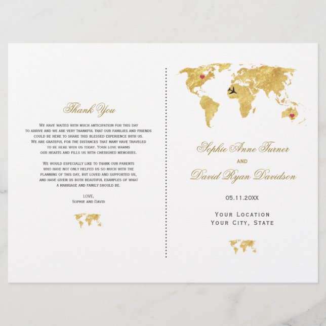Elegantes Reise Gold Weltkarte Hochzeitsprogramm (Vorderseite)