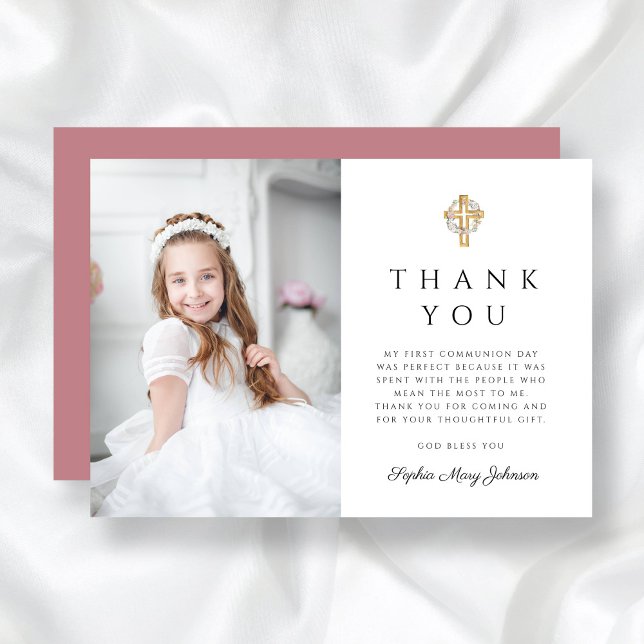 Elegantes religiöses Girl Foto Erste Kommune Dankeskarte (Elegant Religious Girl Photo First Communion Thank You Card)
