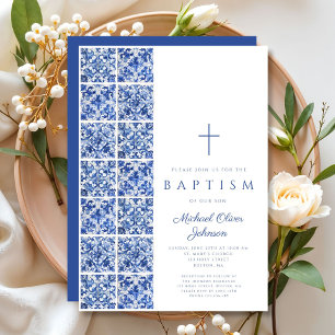 Elegantes religiöses Kreuz blaue Fliesen Taufe Einladung