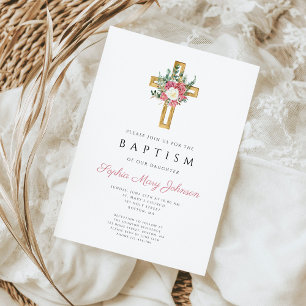 Elegantes religiöses Kreuz Rosa Blumen Mädchen Tau Einladung