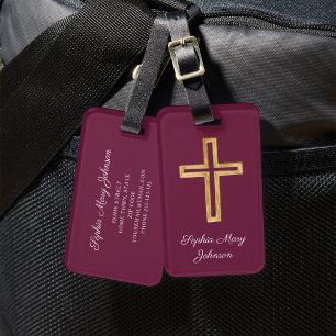 Elegantes, religiöses Kreuz, Rotes Burgund-Skript Gepäckanhänger