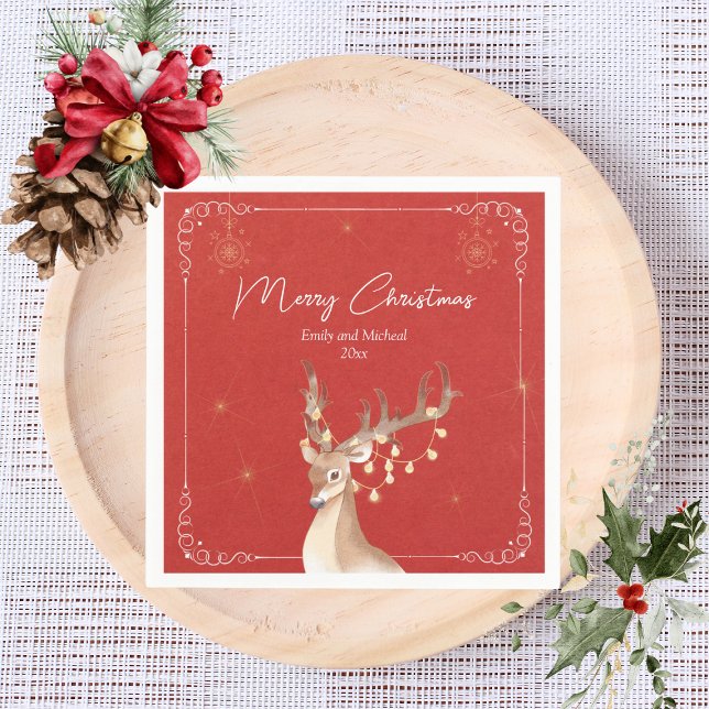 Elegantes Rentier Weihnachtsfest Party Red Gold Serviette (Von Creator hochgeladen)