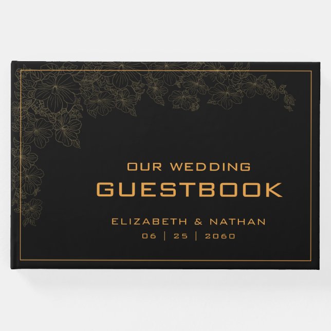 Elegantes Retro Black Gold-Hochzeitsangebot Gästebuch (Vorderseite)