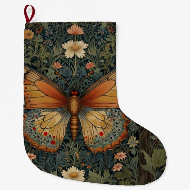 Elegantes Retro-Boho Schmetterling botanisches Grü Großer Weihnachtsstrumpf (Vorderseite)