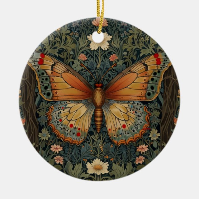 Elegantes Retro-Boho Schmetterling botanisches Grü Keramik Ornament (Vorne)