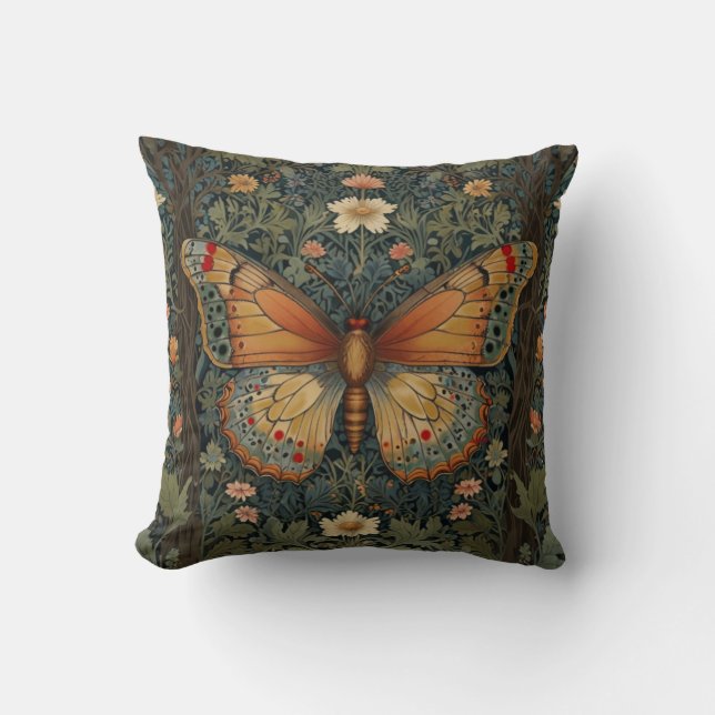 Elegantes Retro-Boho Schmetterling botanisches Grü Kissen (Vorderseite)