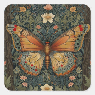 Elegantes Retro-Boho Schmetterling botanisches Grü Quadratischer Aufkleber