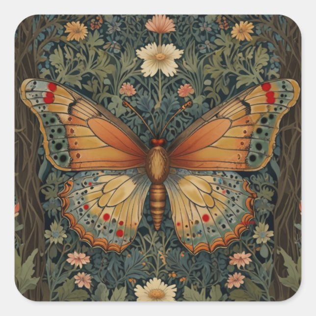 Elegantes Retro-Boho Schmetterling botanisches Grü Quadratischer Aufkleber (Vorderseite)