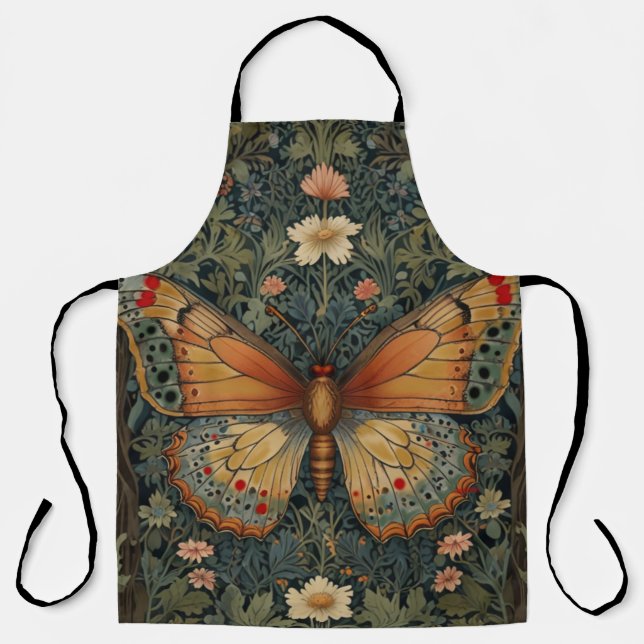 Elegantes Retro-Boho Schmetterling botanisches Grü Schürze (Vorderseite)