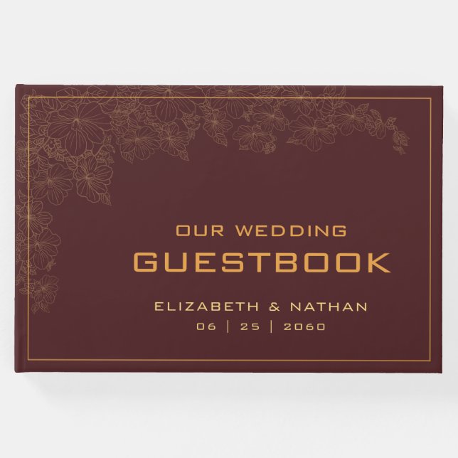 Elegantes Retro Burgundy Gold Wedding Quote Gästebuch (Vorderseite)