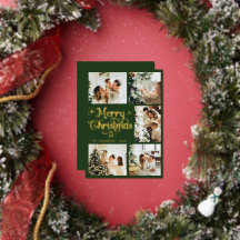 Elegantes Retro Grün & Gold Frohe Weihnachten Fami