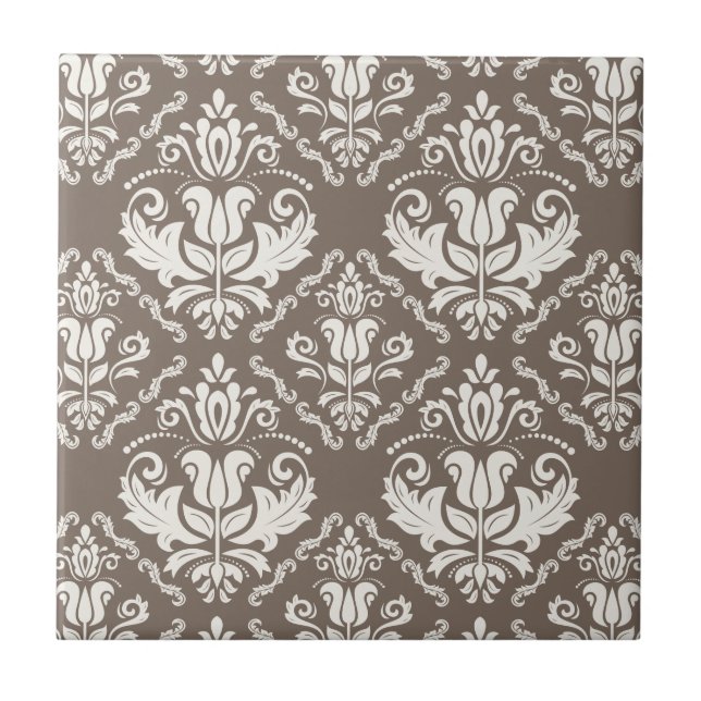 Elegantes Retro Ivory Damask Brocade Brown Muster Fliese (Vorderseite)