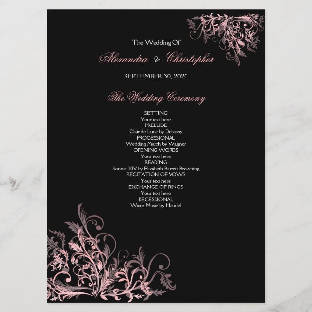 Elegantes Retro Pink Blume Swirl Hochzeitsprogramm Programm (Vorderseite)