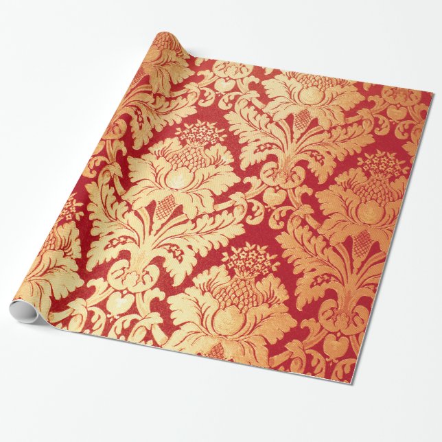Elegantes Retro rotes Golddamast-Luxusmuster Geschenkpapier (Ungerollt)