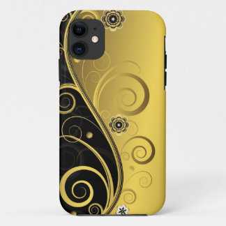 Elegantes Retro Schwarzes und Goldblumenstrudel Case-Mate iPhone Hülle