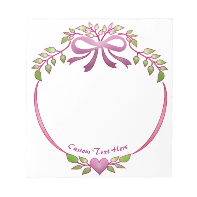 Elegantes Ribbon Bow Lila Heart Green Foliage Leaf Notizblock (Vorderseite)