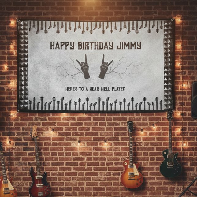 Elegantes Rockstar-Gitarre-Geburtstagsbanner Banner (Make their birthday legendary with a music themed celebration banner)