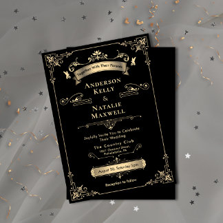 Elegantes Rokoko-Ornament Schwarz & Goldene Hochze Einladung