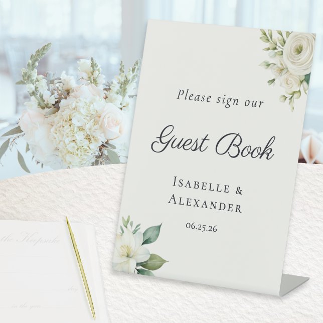 Elegantes romantisches Gästebuch Sockelschild (An elegant freestanding tabletop sign, inviting guests to sign the wedding guest book)