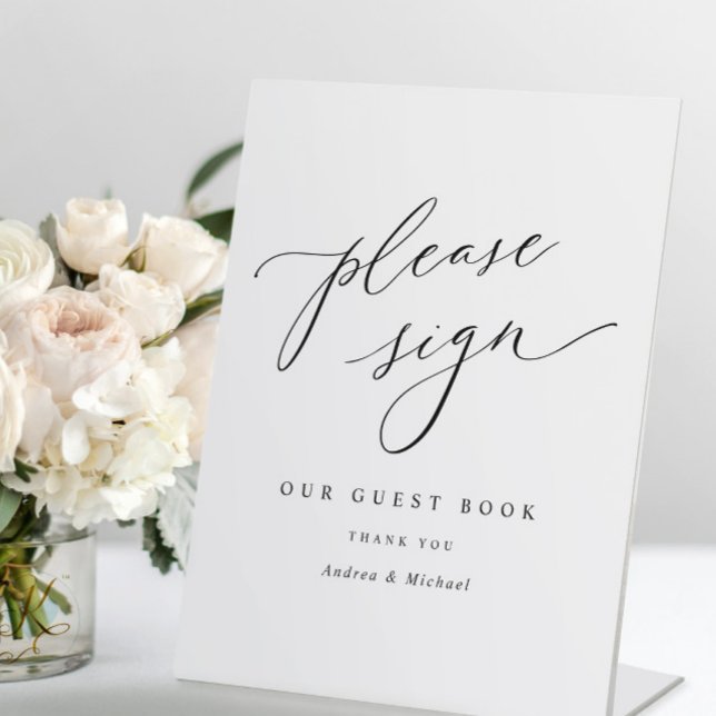 Elegantes Romantisches Gästebuchzeichen Sockelschild (Elegant Modern Wedding Guest Book Sign - Self Standing - Chic Romantic)