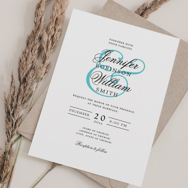 Elegantes Romantisches klassisches Skript für Hoch Einladung (Elegant Romantic Wedding Classic Script Turquoise Invitation)