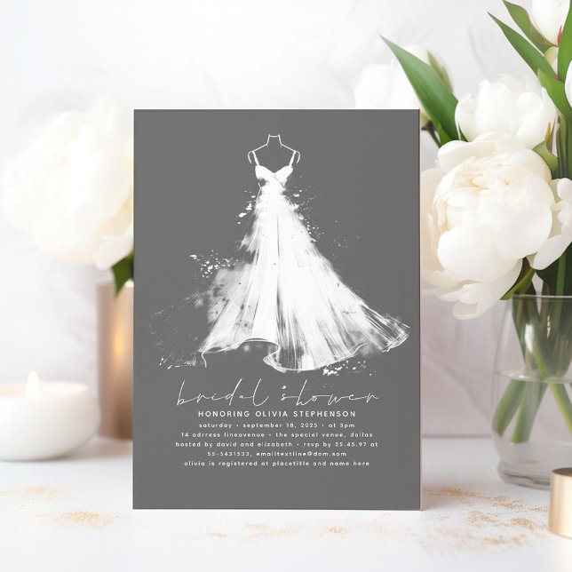 Elegantes Romantisches Minimalistisch-Grau-Brautpa Einladung (Wedding Dress Elegant Bridal Shower Invitation)