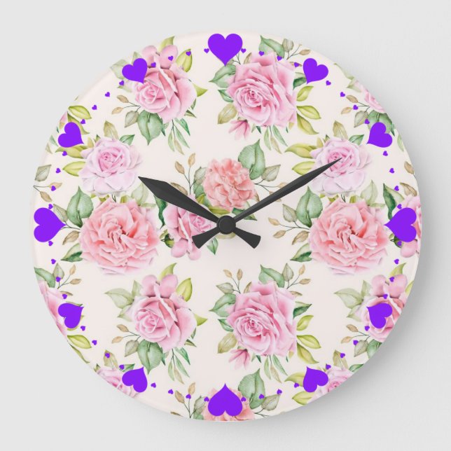 Elegantes romantisches Rosen-Blumenmuster Große Wanduhr (Vorderseite)