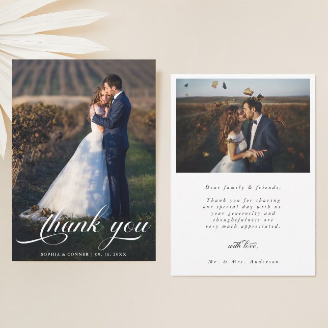 Elegantes romantisches Script Wedding 2 Foto Dankeskarte (Front & Back)