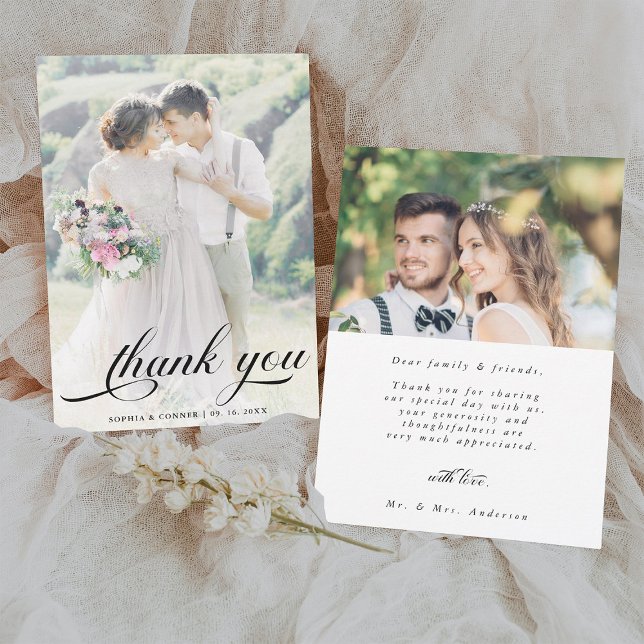 Elegantes romantisches Script Wedding 2 Foto Dankeskarte (Front & Back)