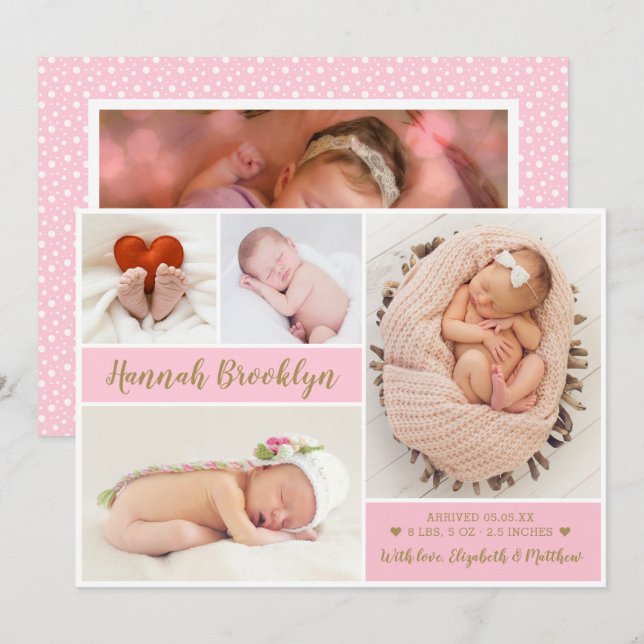 Elegantes Rosa 4 Foto Collage Geburtserklärung Ankündigung (Vorne/Hinten)