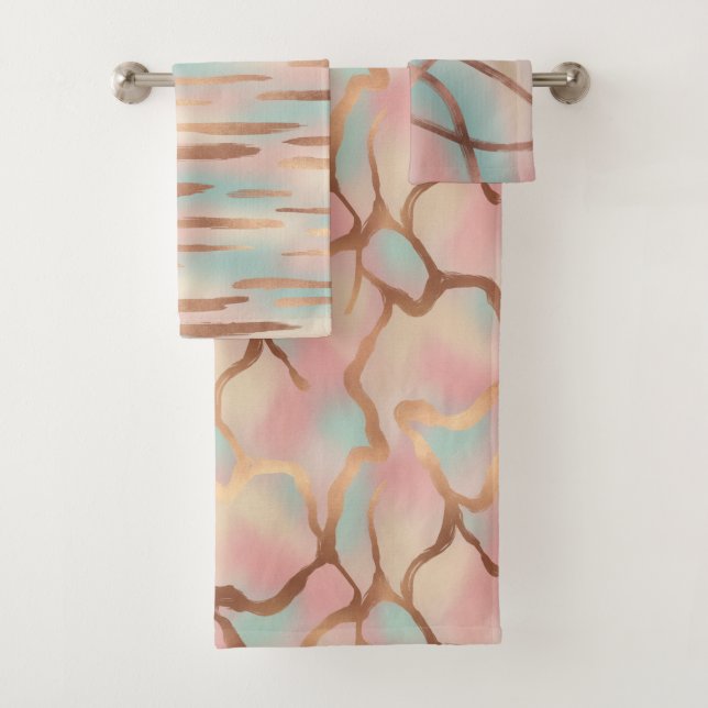 Elegantes Rosa, Aqua- und Gold nahtloses Muster Badhandtuch Set (Insitu)