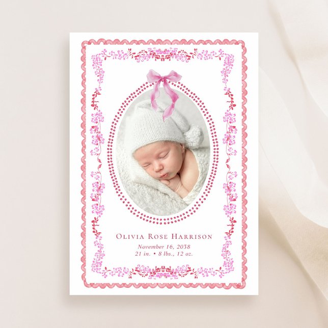 Elegantes Rosa Aquarell Foto Girl Birth Ankündigung (A beautiful and unique way to thank family and friends and introduce them to your precious baby)