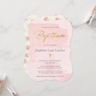 Elegantes Rosa Aquarell und Goldtaufe Inv Einladung