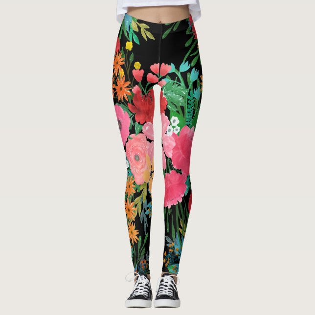Elegantes rosa Aquarellfarben Blumenmodedesign Leggings (Vorderseite)