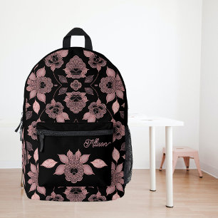 Elegantes Rosa auf schwarzer Spitze im Vintagen St Bedruckter Rucksack
