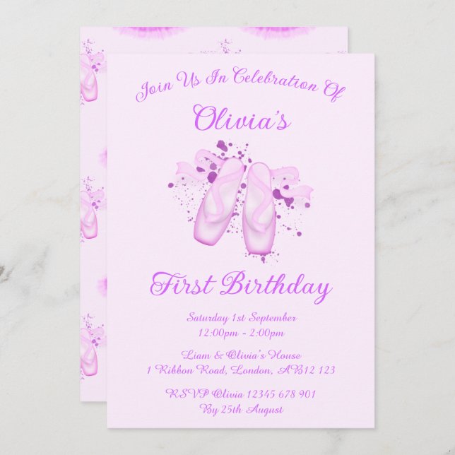 Elegantes rosa Ballett Geburtstag Pointe Schuhe Einladung (Vorne/Hinten)