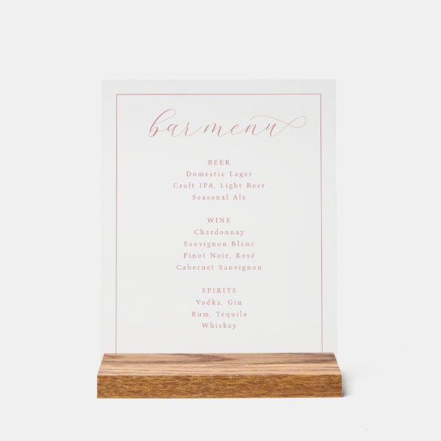 Elegantes rosa-beiges Bar-Menü-Schild Acrylschild (Vorderseite)