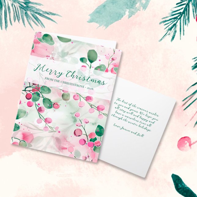 Elegantes Rosa Berries Weihnachten (Elegant Pink Berries Floral Folded Christmas Card)