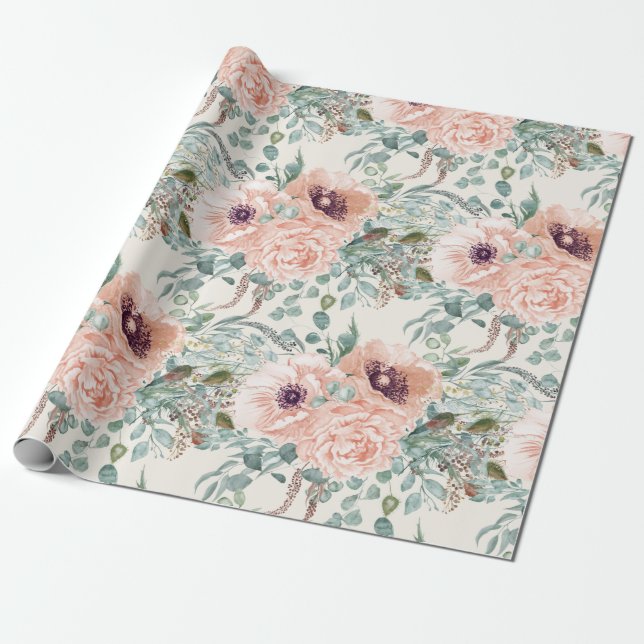Elegantes rosa Blätter Geschenkpapier (Ungerollt)