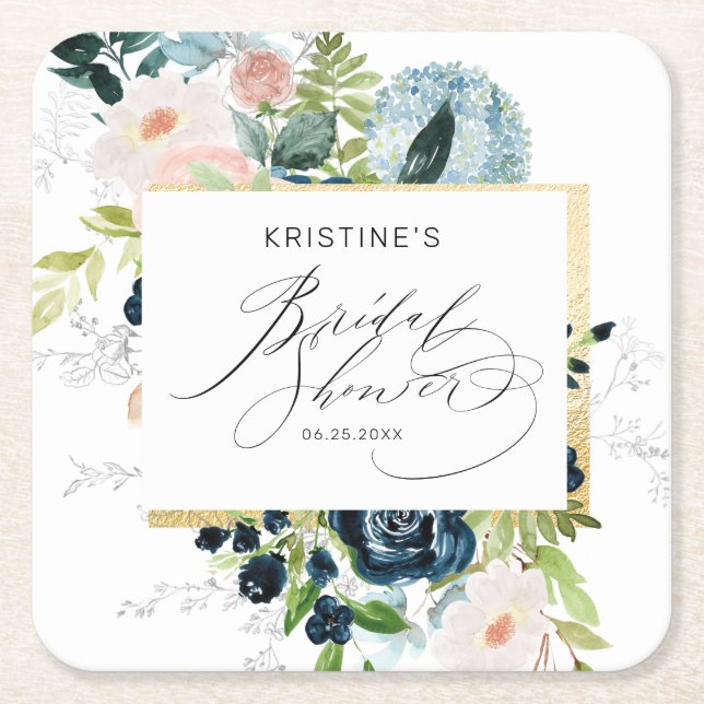 Elegantes Rosa Blau Rose Wasserfarbenes Brautparty Rechteckiger Pappuntersetzer (Vorderseite)