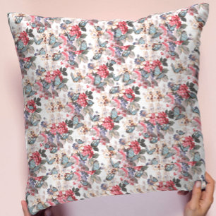 Elegantes Rosa & Blau Vintage Blumenmuster Kissen