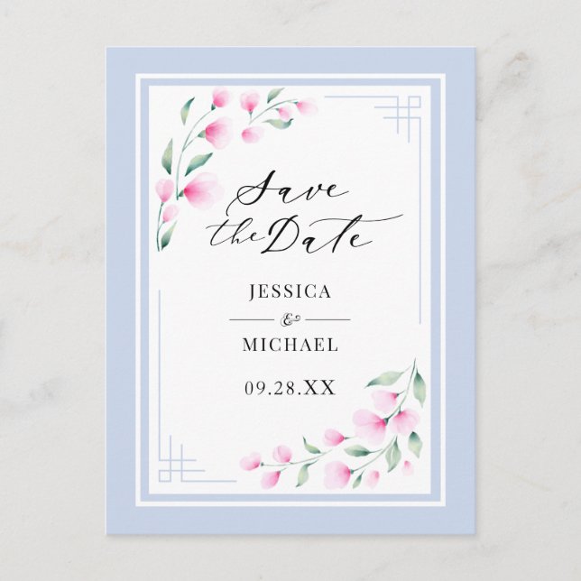 Elegantes Rosa Blau Wasserfarben Save the Date Blu Einladungspostkarte (Vorderseite)