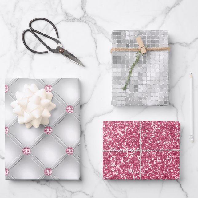Elegantes Rosa Bling Silberner Glitzer Geschenk Geschenkpapier Set (Vorderseite)